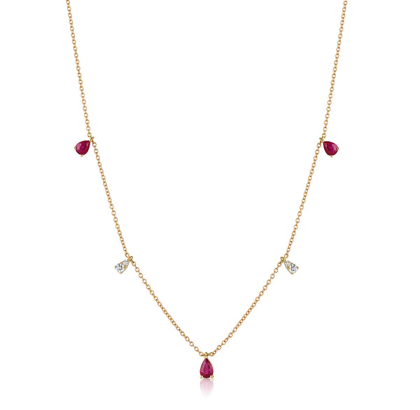 Pear Drop Diamond and Ruby Necklace, Yellow Gold