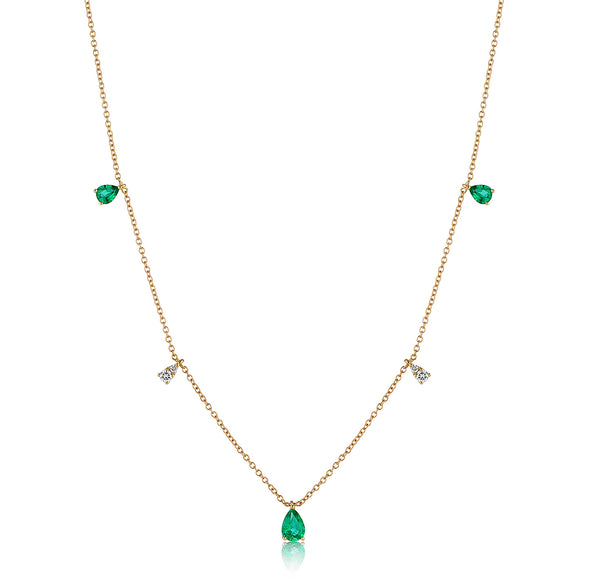 Pear Drop Diamond and Emerald Necklace, Yellow Gold